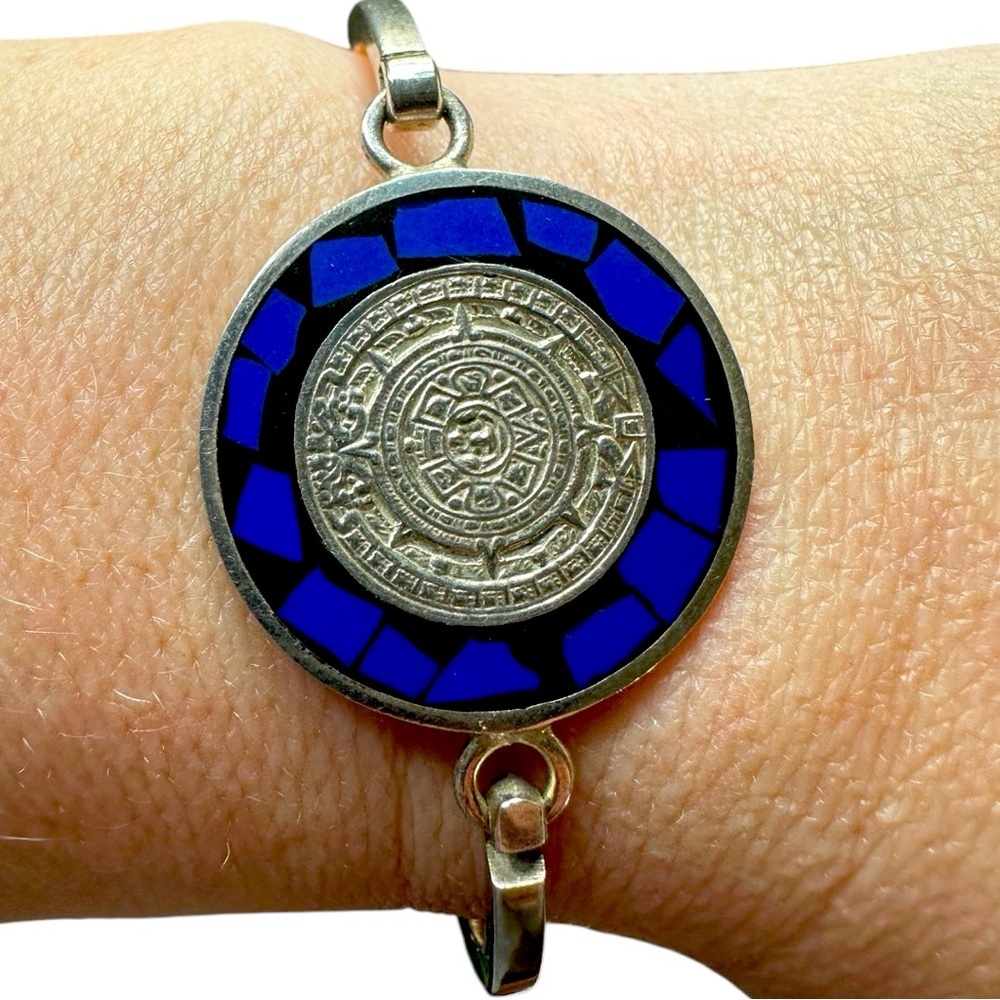 .925 Sterling Silver Taxco Bracelet – Aztec Calendar & Blue Lapis Inlay